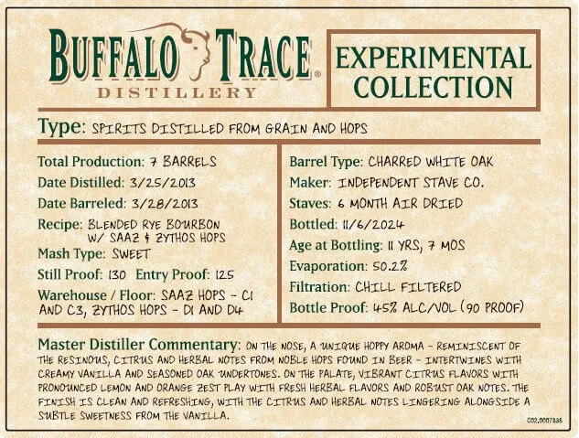 Buffalo Trace Experimental Collection Spirits Distilled from Grain and Hops