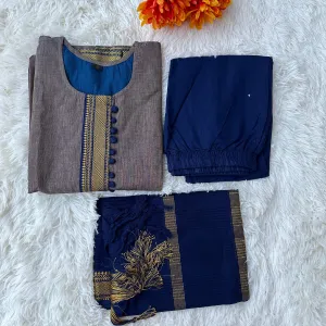 Handloom Sophistication: Grey & Navy Blue Kurta Set with Golden Zari  no