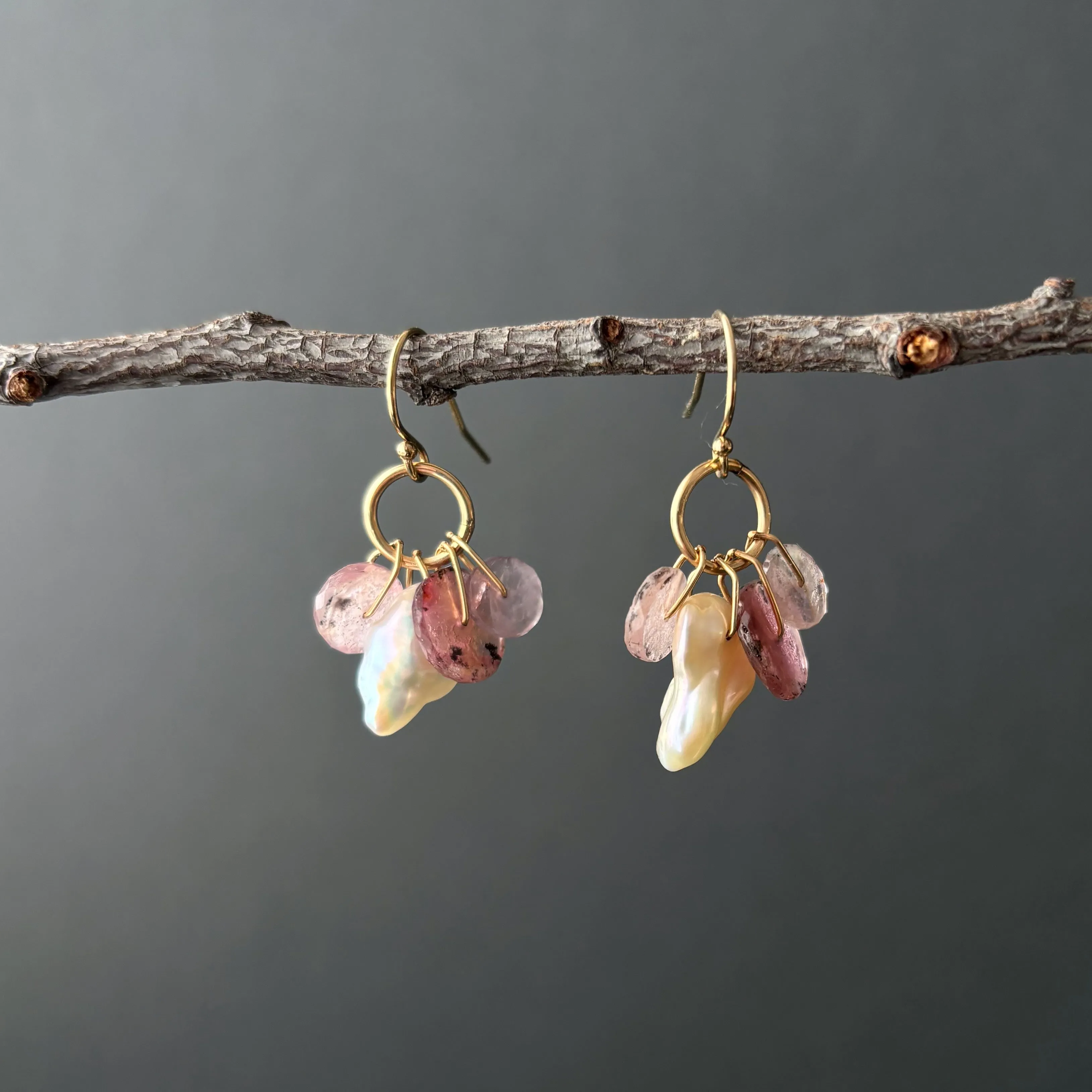 SPOTTED PINK TOURMALINE WHEELS WITH PALE PINK PEARL "PEEK A BOO" EARRINGS