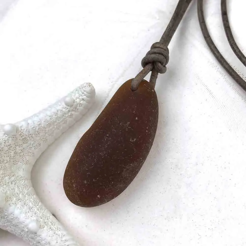 Tapered Dark Amber Sea Glass Leather Necklace  - it's a Bottle Bottom! | #1425