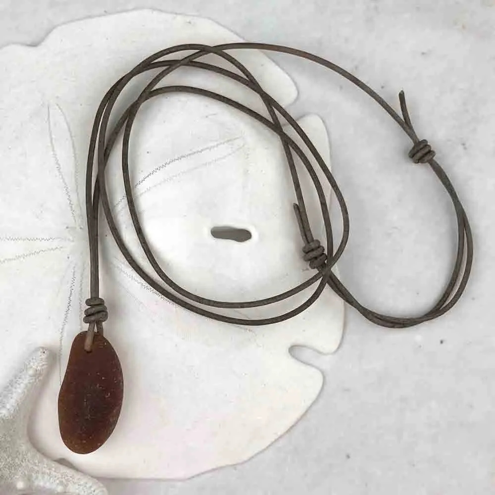 Tapered Dark Amber Sea Glass Leather Necklace  - it's a Bottle Bottom! | #1425