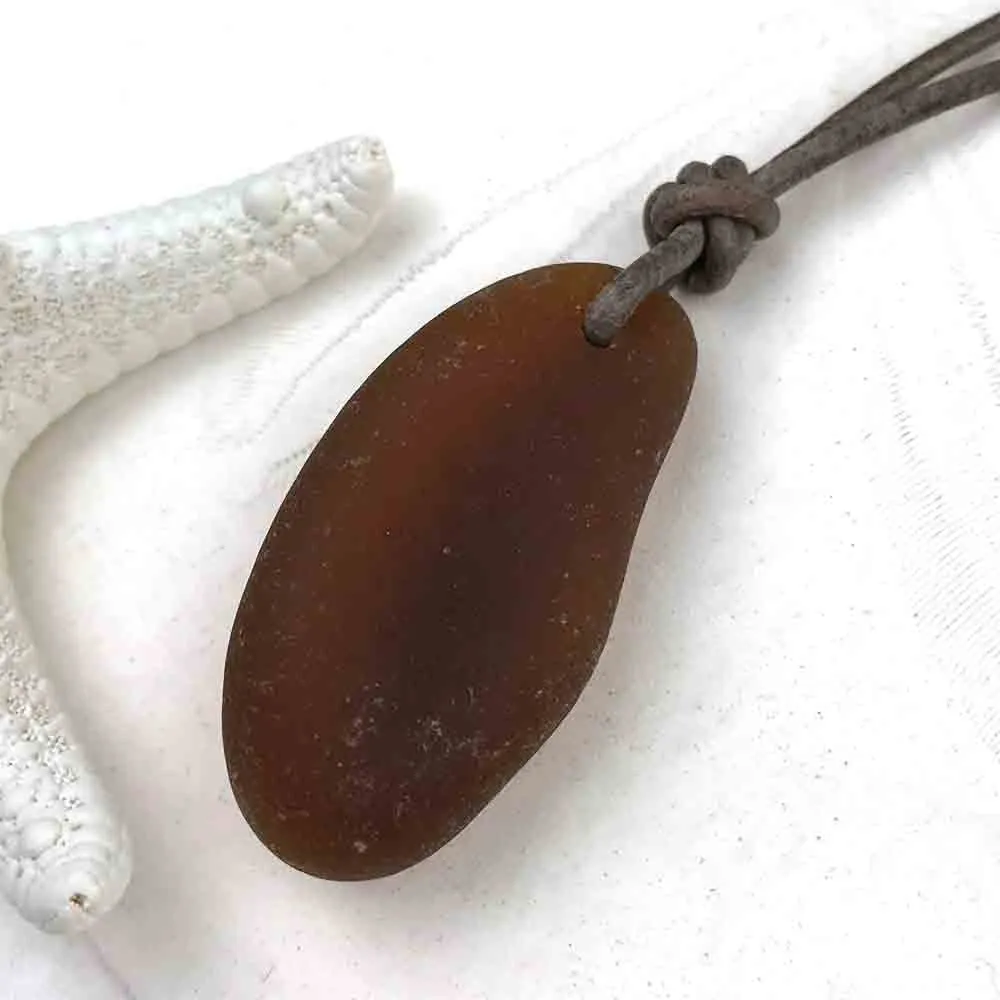 Tapered Dark Amber Sea Glass Leather Necklace  - it's a Bottle Bottom! | #1425